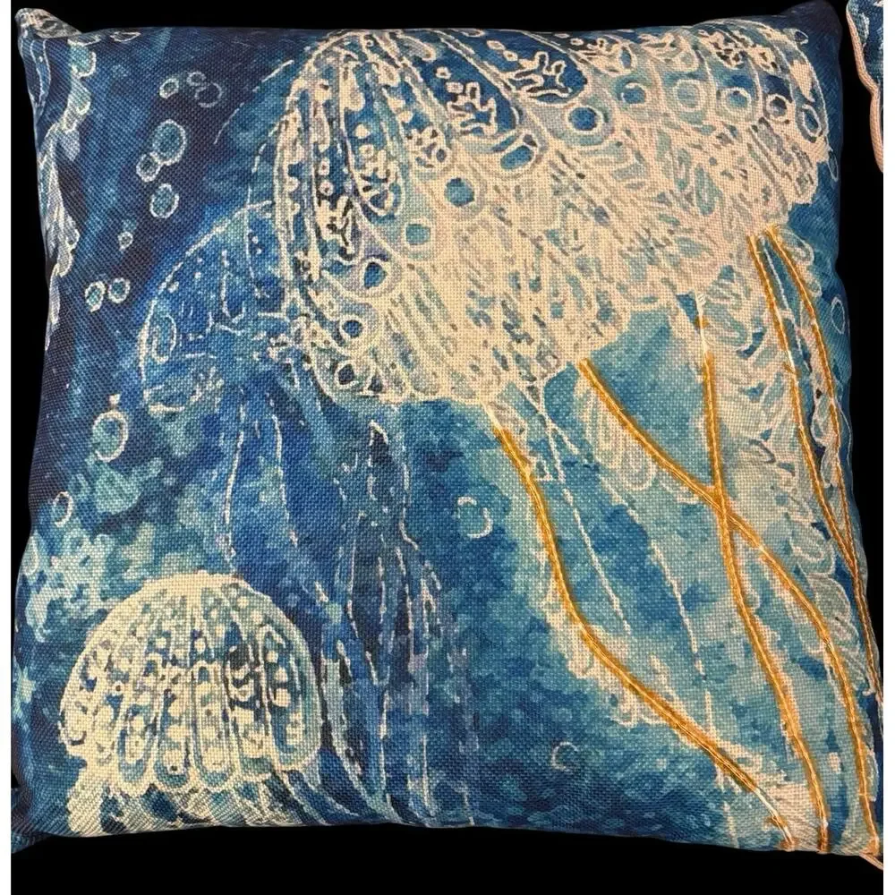 Beach Nautical Theme Beaded Pillows Jellyfish 17 x 17 Seashore Cottage Gold
